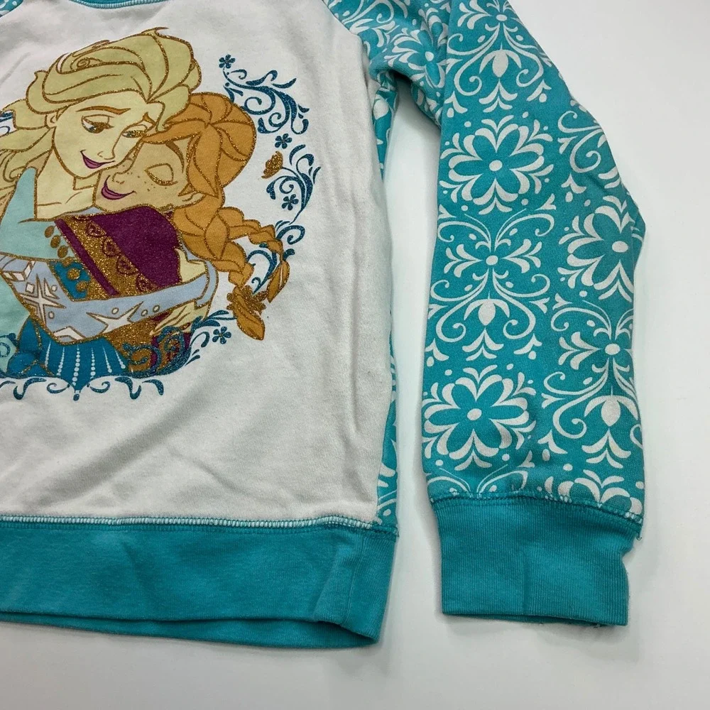 Disney Frozen Teal White Sweatshirt Kids XL/6X Elsa Anna Glitter Raglan Sleeves